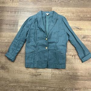 𝅺J Jill 100% linen lakeside teal 2 button blazer with stitching details size L﻿